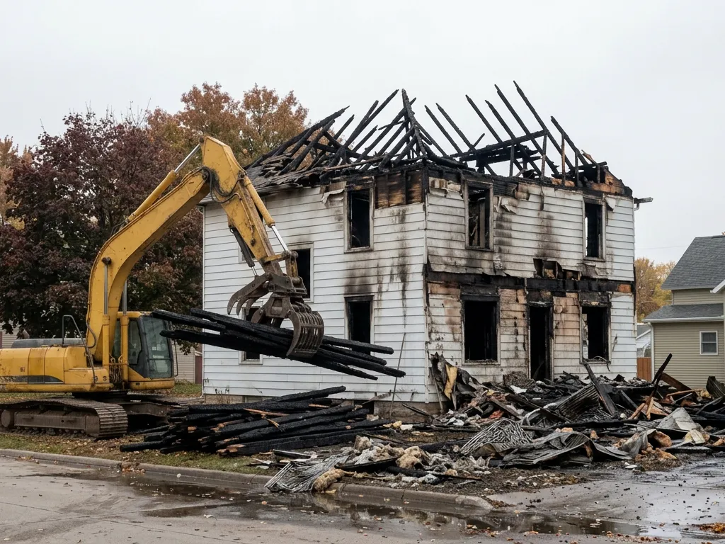 Fire-gutted house with a collapsed roof, one of the clearest signs a house should be torn down, in Sioux City, Iowa