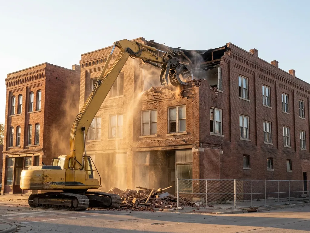 High-reach excavator taking down a brick building, the kind of commercial demolition Sioux City companies bid on in Iowa