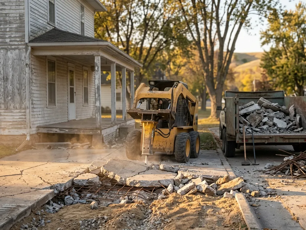 Broken concrete driveway slabs and wire mesh loaded for hauling during a demolition in Sioux City, Iowa