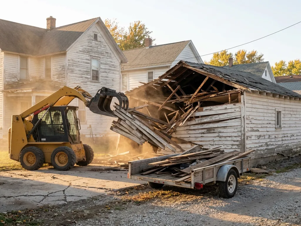 Skid steer pulling down a detached alley garage during garage demolition in Sioux City, Iowa