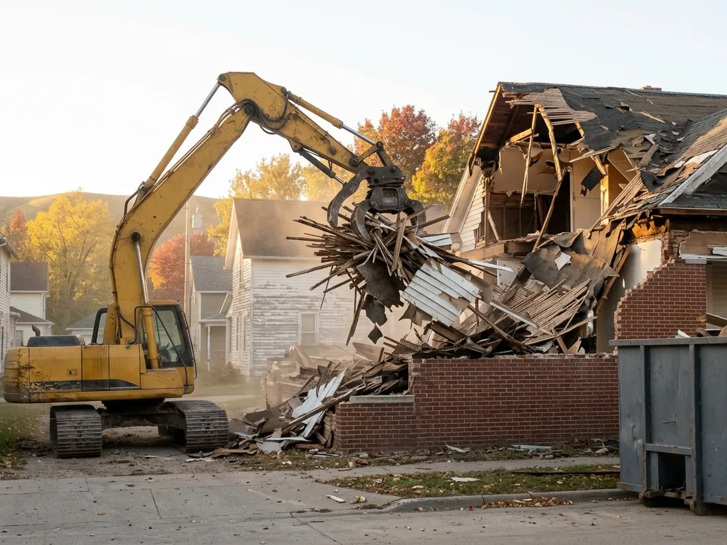 Excavator loading old house framing into a roll-off container during a house demolition in Sioux City, Iowa