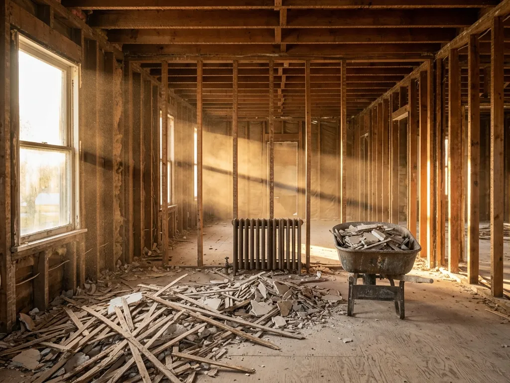 House interior stripped to the studs during a demolition project in Sioux City, Iowa